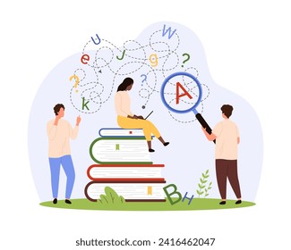 Dislexia, trastorno mental de aprendizaje, problema de lectura de textos y dificultad de comprensión. Gente pequeña mirando a través de la lupa el caos de las letras para reconocer la ilustración de los vectores de dibujos animados