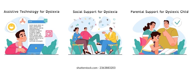 Dyslexia set. Learning disorder or disability. Reading, writing or understanding problem. Text and letters recognition difficulty. Children education problem. Flat vector illustration