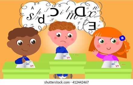 Dyslexic boy in school class. Vector illustration