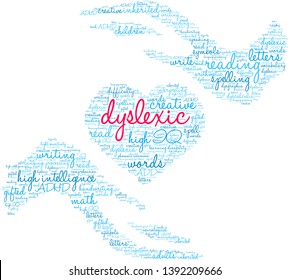 Dyslexic word cloud on a white background.
