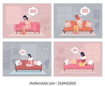 Dysmenorrhea flat color vector illustration set. Cramps in abdominal muscles. Uterus spasm. Regular medical condition. Fully editable 2D simple cartoon character collection with interior on background