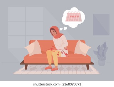 Dysmenorrhea symptom flat color vector illustration. Girl suffering from unbearable menstrual cramps. Fully editable 2D simple cartoon character with cozy living room interior on background