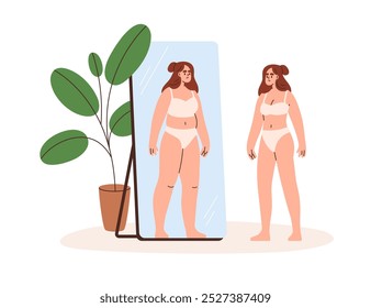 Dismorfia, trastorno psicológico, concepto de problema de autopercepción. Mujer mirando el reflejo del espejo, preocupándose por el peso, viendo la figura gorda. Ilustración vectorial plana aislada sobre fondo blanco