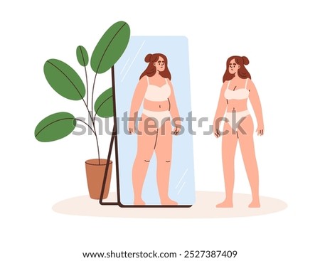 Dysmorphia, psychology disorder, self-perception problem concept. Woman looking at mirror reflection, worrying about weight, seeing fat figure. Flat vector illustration isolated on white background