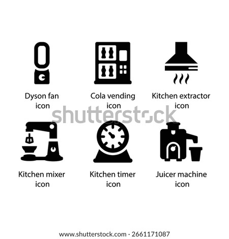 Dyson fan, Cola vending, Kitchen extractor, Kitchen mixer, Kitchen timer, Juicer machine, icon