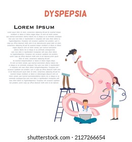 Dyspepsia temple concept, group of doctors doing activities, sitting using laptop, do endoscopy and explaining, stand on stairs giving medicine to gastric, pink pastel color, indigestion symptoms 