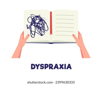 Dyspraxia, apraxia poster. ADHD people concept. Difficulty learning and writing. There are dizzy squiggles drawn in the open notebook in hands. Vector illustration on white background