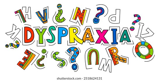 Dyspraxia concept. Coordination disorder banner. Balance issues horizontal poster. Landscape print. Colorful lettering. Editable vector illustration in pop art style isolated on a white background.