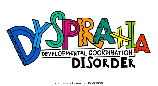 Dyspraxia concept. Coordination disorder banner. Balance issues horizontal poster. Landscape print. Colorful lettering. Editable vector illustration in pop art style isolated on a white background.