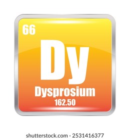 Ícone de disprósio. Dy elemento químico. Número atômico 66. Massa 162,50. Imagem quadrada laranja. Símbolo de vetor.