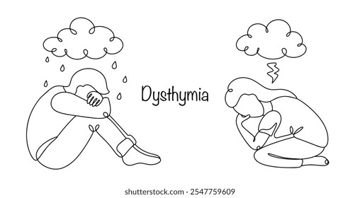 Dysthymia. A mood disorder with the same cognitive and physical problems as depression, but less severe and longer lasting. A man and a woman with symptoms of dysthymia. Psychological problem.