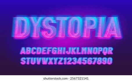 Dystopia alphabet font. Neon color letters and numbers with a speed effect. Stock vector typeface for your design.