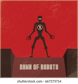 Dystopian future robot poster with robot as threat to humans. Vector concept of conflict, war between robots and humans. Eps10 vector illustration.
