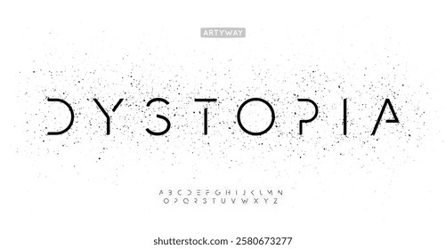 Dystopian futuristic alphabet, minimalist geometric letters with splatter, innovative sci-fi font for cosmic digital interface, HUD, scince, medical and robotic logo, cinematic title. Vector typeset