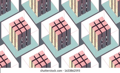 dystopian urban blocks illustration seamless pattern in retro pink green shades