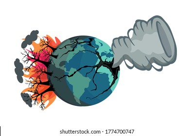 dystopic view of the earth on fire, burning of forests, human destruction, cyclone coming out of the earth, vector illustration