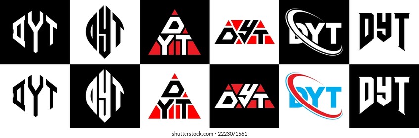 DYT letter logo design in six style. DYT polygon, circle, triangle, hexagon, flat and simple style with black and white color variation letter logo set in one artboard. DYT minimalist and classic logo
