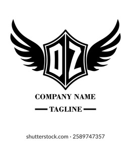 DZ A bold winged shield emblem with customizable initials A-Z. Sleek black-and-white vector, perfect for branding, sports teams, motorcycle clubs, gaming,apparel and High-quality
