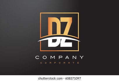 DZ D Z Golden Letter Logo Design with Swoosh and Rectangle Square Box Vector Design.