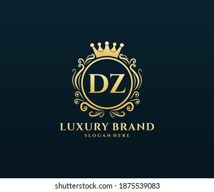 DZ Initial Letter Gold calligraphic feminine floral hand drawn heraldic monogram antique vintage style luxury logo design.