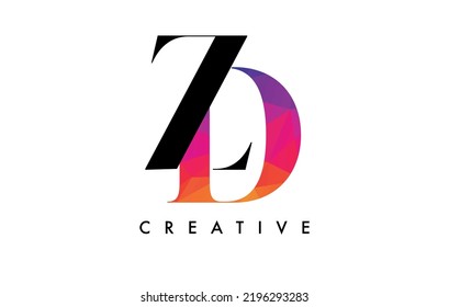 Diseño de letras DZ con corte creativo y textura arcoiris colorida. Logotipo del vector de iconos de la letra ZD con letra seria y estilo minimalista.