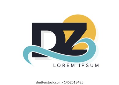 DZ letter logo with ocean waves and sunset. Beach concept design