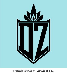 DZ Logo featuring a minimalist design with a crown-like flower symbol on top, bold black elements, and a soft blue background, perfect for branding and modern visual identity.