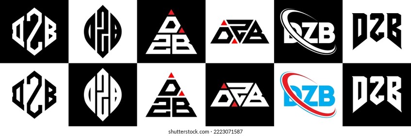 DZB letter logo design in six style. DZB polygon, circle, triangle, hexagon, flat and simple style with black and white color variation letter logo set in one artboard. DZB minimalist and classic logo