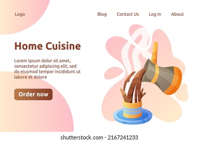 Dzhezva with coffee and cup with little plate web page design. Coffee time, cafe, bar vector cartoon concept.