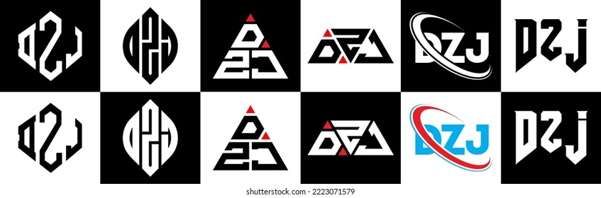 DZJ letter logo design in six style. DZJ polygon, circle, triangle, hexagon, flat and simple style with black and white color variation letter logo set in one artboard. DZJ minimalist and classic logo