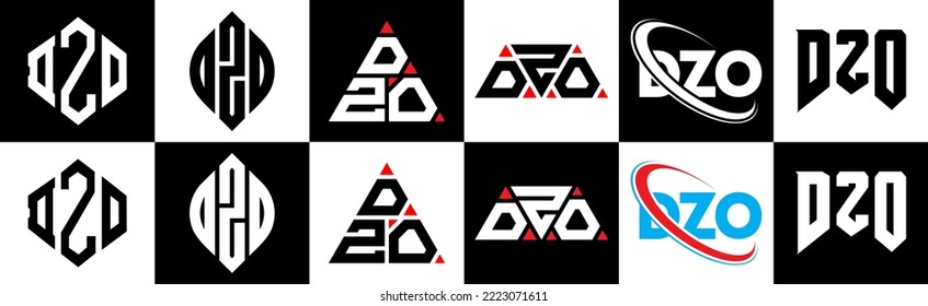 DZO letter logo design in six style. DZO polygon, circle, triangle, hexagon, flat and simple style with black and white color variation letter logo set in one artboard. DZO minimalist and classic logo