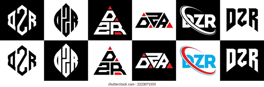 DZR letter logo design in six style. DZR polygon, circle, triangle, hexagon, flat and simple style with black and white color variation letter logo set in one artboard. DZR minimalist and classic logo