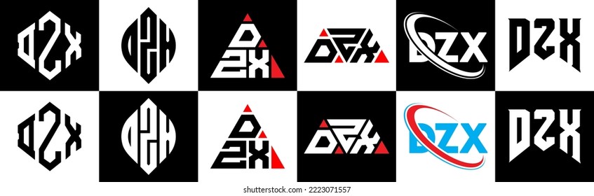 DZX letter logo design in six style. DZX polygon, circle, triangle, hexagon, flat and simple style with black and white color variation letter logo set in one artboard. DZX minimalist and classic logo
