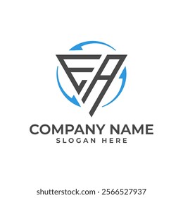 "E" and "A" intertwined within a triangle and circular frame with dynamic arrows, symbolizing movement and progress. Ideal for tech, logistics, and businesses emphasizing innovation and growth