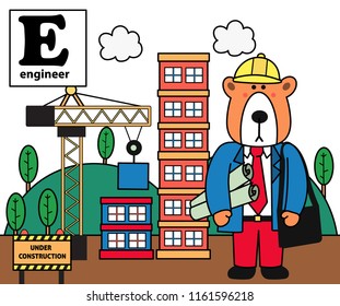 E alphabet with bear engineer cartoon character, illustration, vector