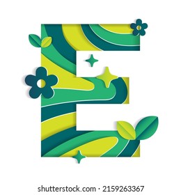 E Alphabet Character Environmental Eco Environment Day Leaf Font Letter Cartoon Style Abstract Paper Sparkle Shine Green Mountain Geography Contour Map 3D Paper Layer Cutout Card Vector Illustration