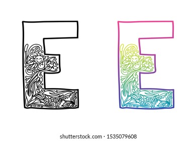 E alphabet letters. Hand drawing ornaments of Nature and florals theme. Best for cosmetic and organic products. Two styles with black and color gradients, separate layers vector illustration.