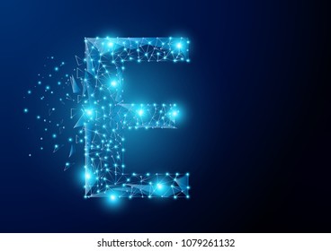 E alphabet Low poly science wireframe on dark background. Vector polygon image blue triangle glowing research future technology business form a star space, Lines, points and digital technology .