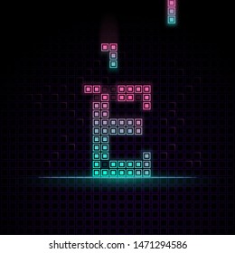 E Alphabet in Pixel art, 8bit game, Synth wave style, 80s-90s