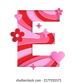 E Alphabet Valentines Day Love Abstract Character Font Letter Paper Lively Flower Heart Sparkle Shine Red Pink Mountain Geography Contour Map 3D Layer Paper Cutout Card Web Banner Vector Illustration