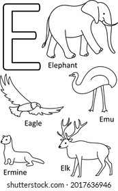 E animals names, Alphabet coloring for kids, Alphabet animals coloring page, ABC coloring, Preschool education