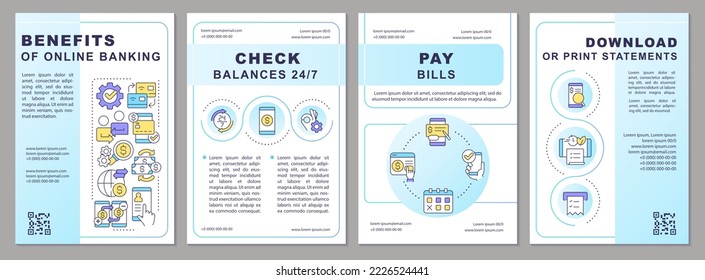 E banking advantages brochure template. Online money transfers. Leaflet design with linear icons. Editable 4 vector layouts for presentation, annual reports. Arial, Myriad Pro-Regular fonts used