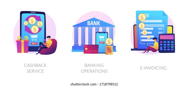E banking icons set. Return on investment, financial services, internet tax payment. Cashback service, banking operations, e-invoicing metaphors. Vector isolated concept metaphor illustrations
