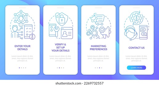 E banking registration tips blue gradient onboarding mobile app screen. Walkthrough 4 steps graphic instructions with linear concepts. UI, UX, GUI template. Myriad Pro-Bold, Regular fonts used