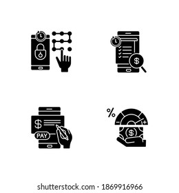 E banking service black glyph icons set on white space. Request new PIN. Transaction history. Pay in cheques. Credit score changing. Silhouette symbols. Vector isolated illustration