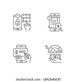 E banking service linear icons set. Request new PIN. Transaction history. Pay in cheques. Credit score. Customizable thin line contour symbols. Isolated vector outline illustrations. Editable stroke