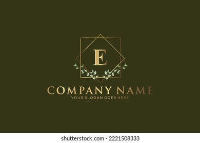 E Beauty vector initial logo, Golden floral letters with flowers leaves and gold splatters isolated on white background. Vector illustration for wedding, greeting cards, invitations template design
