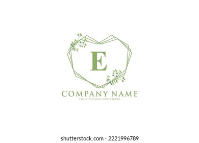 E Beauty vector initial logo, floral letters with flowers leaves and splatters isolated on white and black background. Vector illustration for wedding, greeting cards, invitations template design