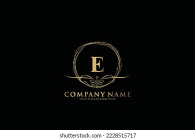 E Beauty vector initial logo, Golden floral letters with flowers leaves and gold splatters isolated on white background. Vector illustration for wedding, greeting cards, invitations template design
