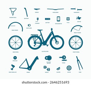 E bike flat icons set. Electric bicycle spare parts names in English. City bike service symbol logo icons vector illustration